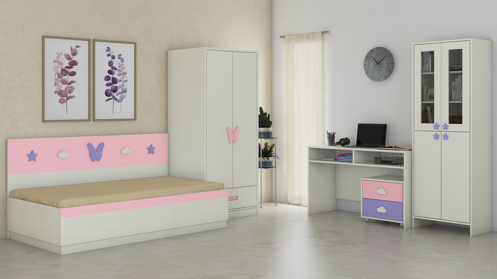 Adona Renata Kids Room Furniture Set of Single Bed with Box Storage, 2-Door Wardrobe, Bookshelf, Study Desk And Chest of Drawers with 2 Drawers