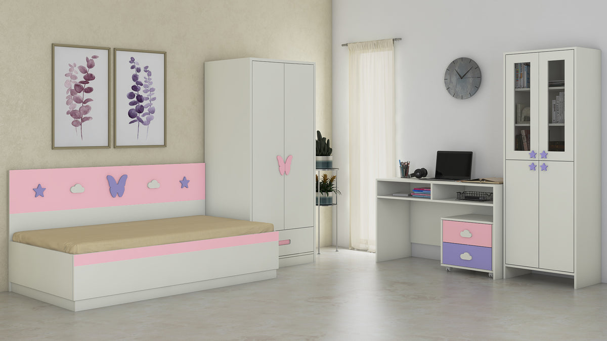 Adona Renata Kids Room Furniture Set of Single Bed with Box Storage, 2-Door  Wardrobe, Bookshelf, Study Desk And Chest of Drawers with Drawers