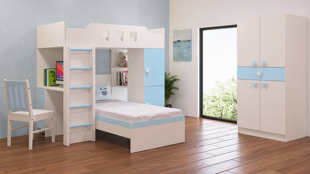 Adona Siona Kids Room Set of Bunk Bed with Wooden Ladder, Independent Single Bed, Built-In Bookshelf and Desk with 3 Drawers, Teak Wood Chair and Wardrobe