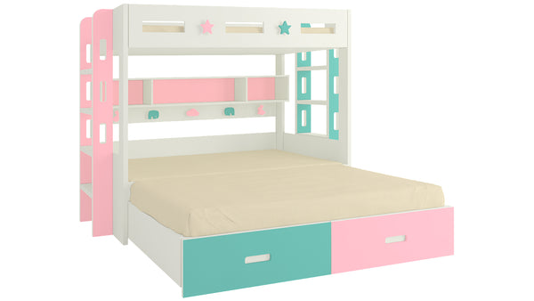 Adona Astra Bunk Bed with Convertible King Size Trundle, Drawers, Shelves, Both Side Ladder and Animal Decals