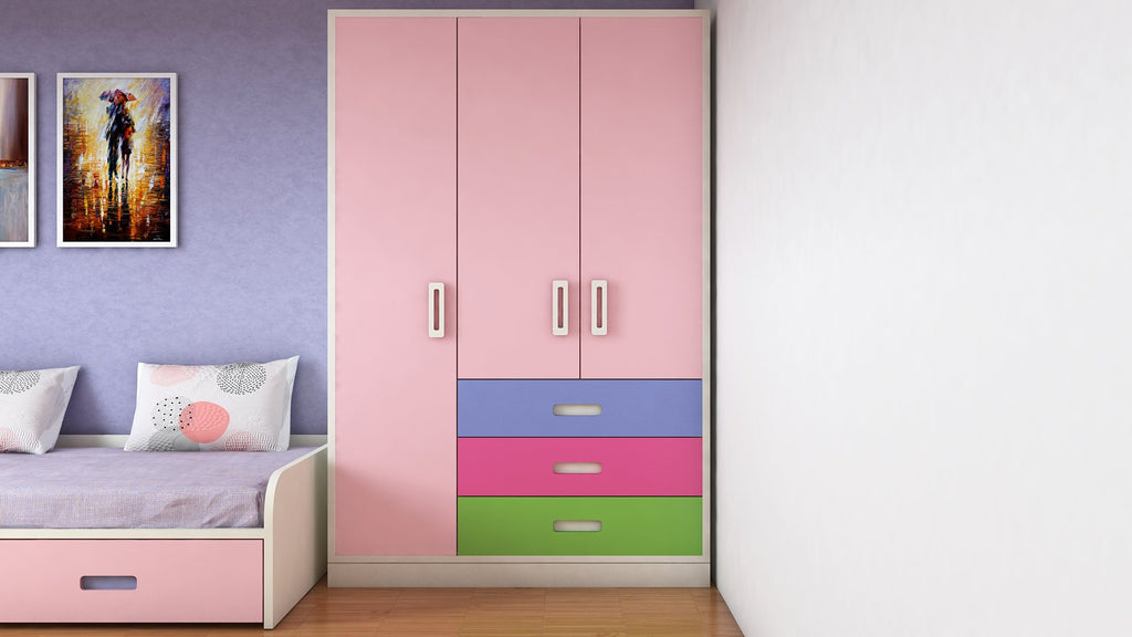 Adona Fiona Light Wood 3-Door Multicolor Wardrobe W/3 Drawers English Pink