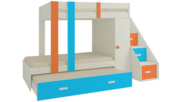 Adona Luxuria Bunk Bed with Pull Out Trundle, Wardrobe, Drawers and Right Storage Steps