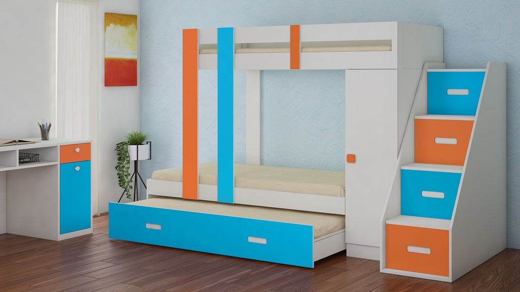 Adona Luxuria Bunk Bed with Pull Out Trundle, Wardrobe, Drawers and Right Storage Steps