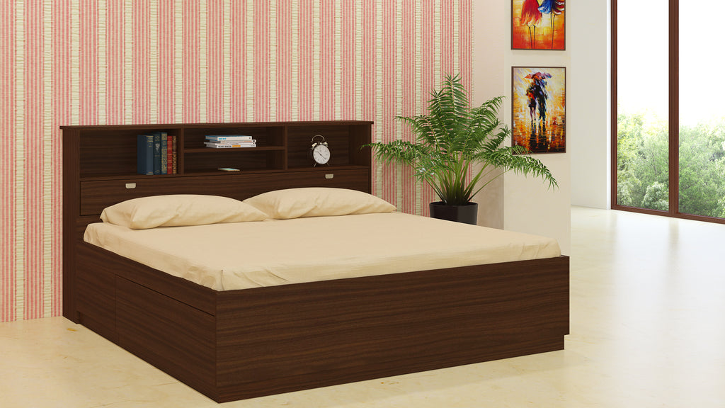 Adona Manzanita King Bed in Plywood w/Inbuilt Headboard Storage and Drawers