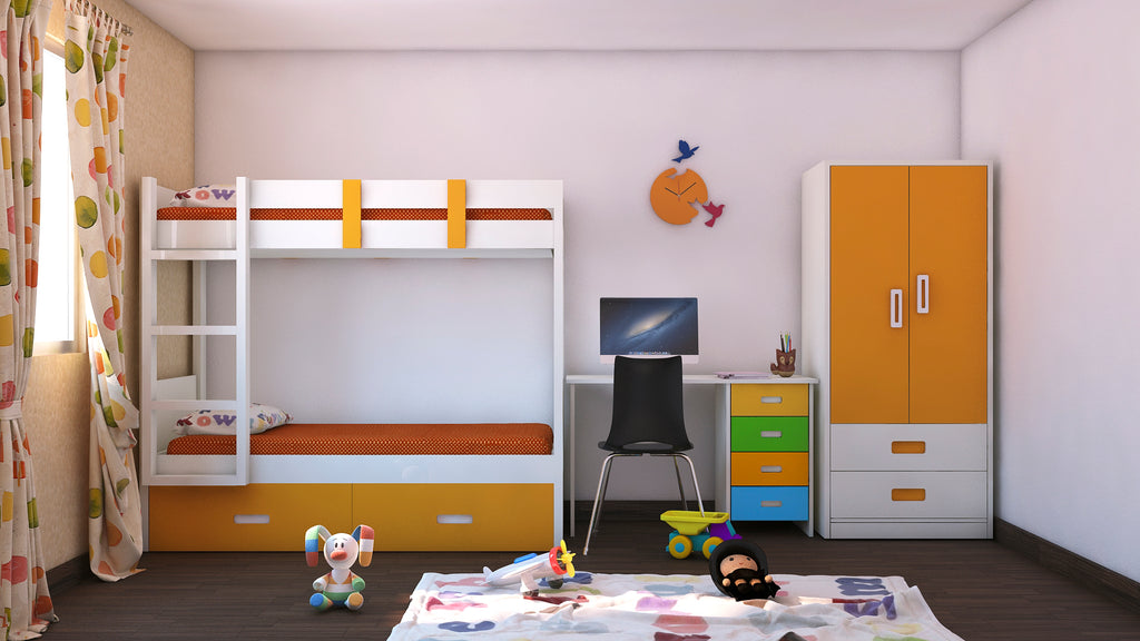 Adona Adonica Kids Room Furniture Set of Twin Bunk Bed with Drawers and Ladder, 2-Door Wardrobe and Study Desk with 4 Drawers