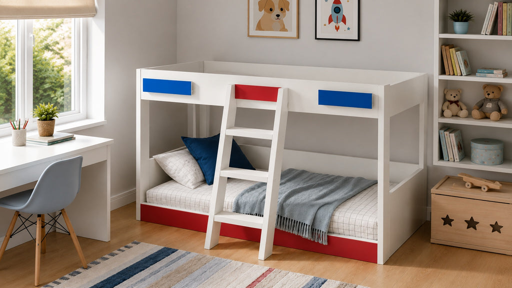 Adona Acacia Twin Kids Bunk Bed with 4-Position Removable Tapered Ladder in a modern kids' bedroom featuring white, red and pacific blue finishes.