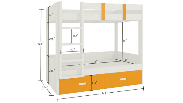 Adona Adonica Kids Room Furniture Set of Twin Bunk Bed with Drawers and Ladder, 2-Door Wardrobe and Study Desk with 4 Drawers