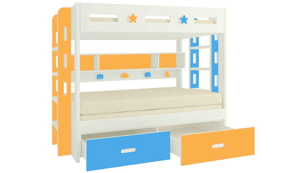 Adona Astra Bunk Bed with Convertible King Size Trundle, Drawers, Shelves, Both Side Ladder and Animal Decals