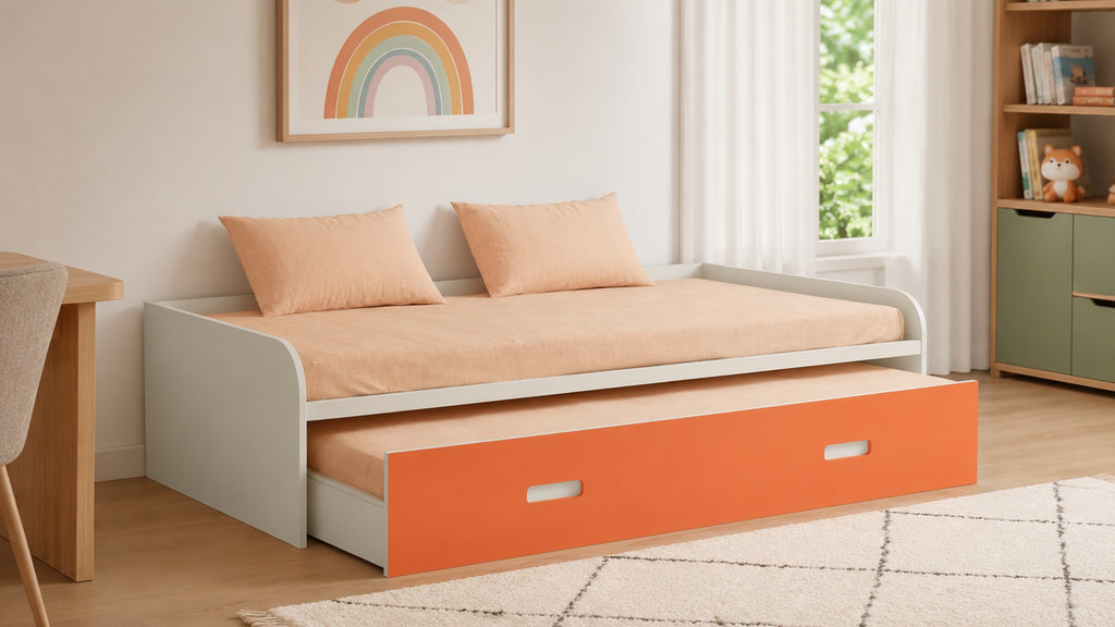 Celestia day bed with Light Orange pull-out trundle bed styled in a modern kids' room.