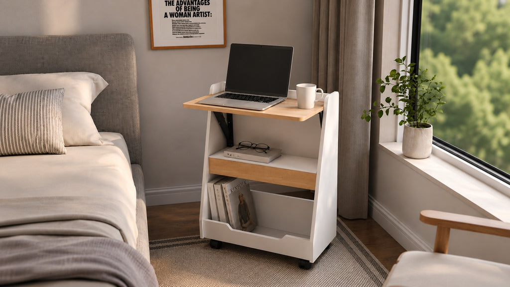 Adona Cordoba Folding Laptop Table with Both-Sides Shelves and Wheels