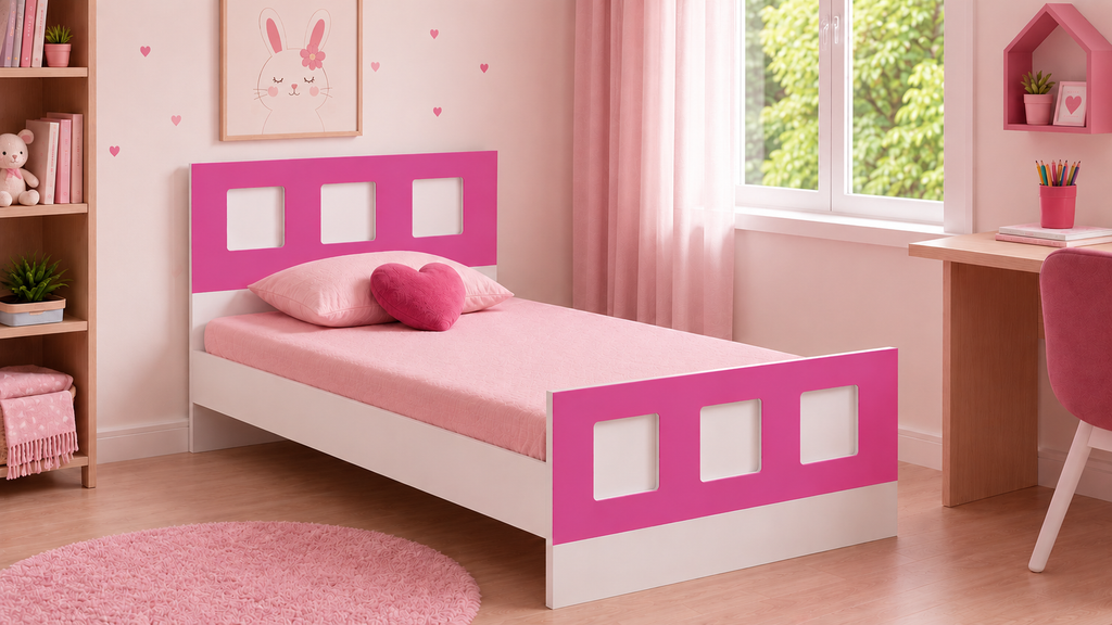 Cordoba kids single bed with paneled headboard and footboard in Barbie Pink, styled in a kids' room.