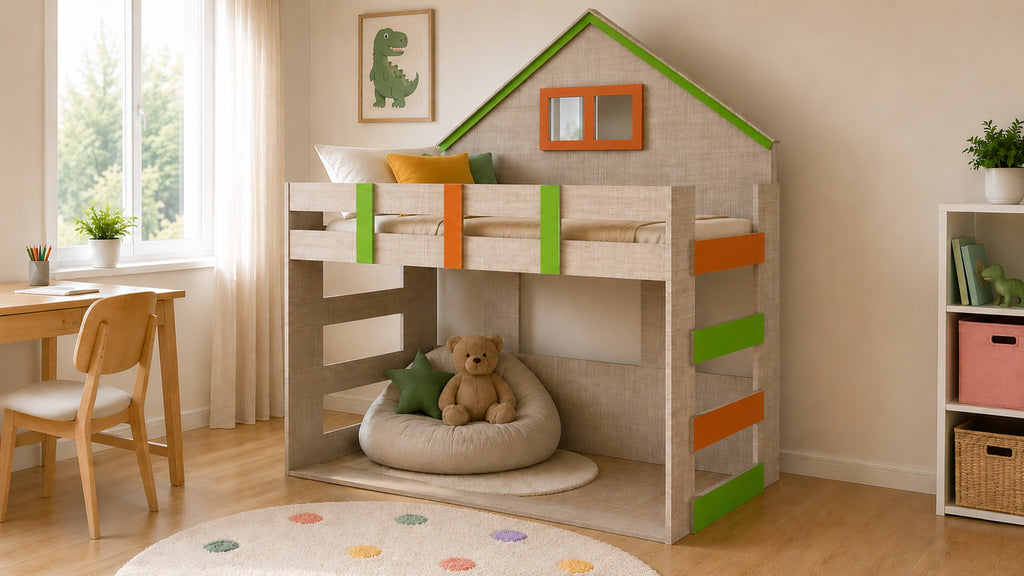 CozyHut kids loft bed with house-shaped frame and play area underneath in Bronze Cambric, styled in a kids' room.