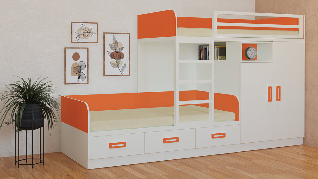 Adona Eskada Twin Bunk Bed with Right Wardrobe, Drawers, Open Shelves and Wooden Ladder