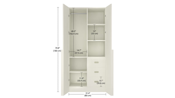 Adona Evita ivory kids wardrobe with 2 doors, 3 drawers and pink and lilac handles, with product dimensions