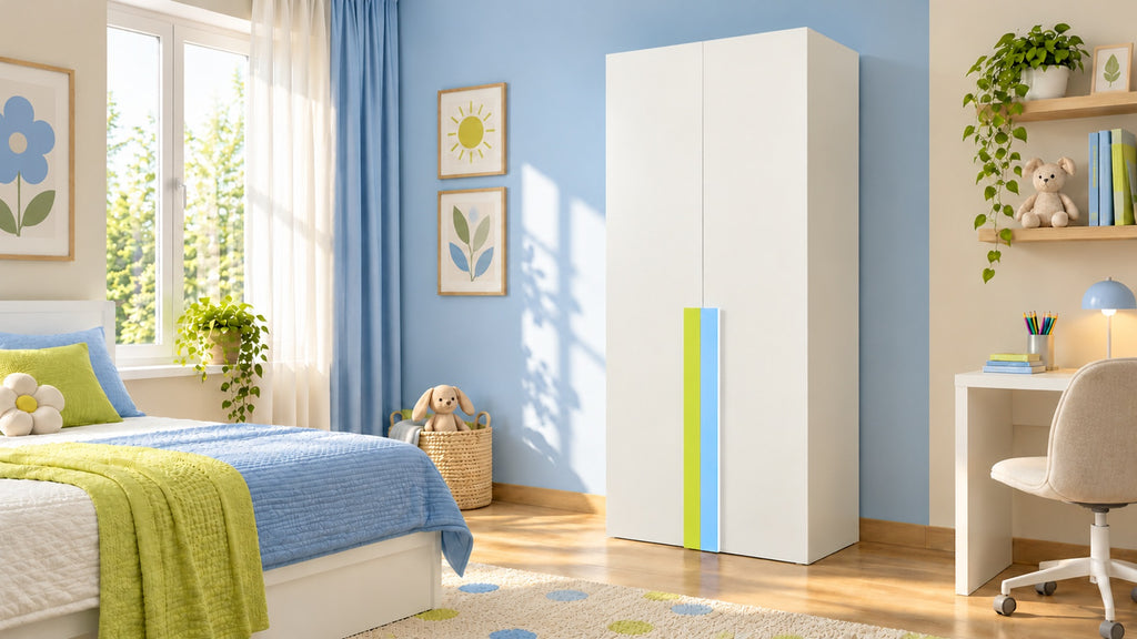 Adona Evita ivory kids wardrobe with sky blue and lime yellow handles in a modern children's bedroom with neutral decor and blue accents