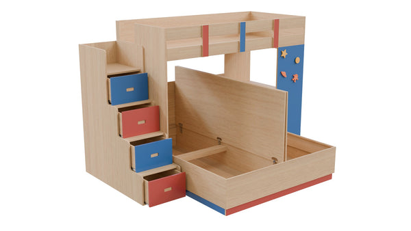 Adona Exotica XL Size Bunk Bed with Queen Box-Storage Bed, Step Drawers, Study Desk & Space-Themed Decals – Maple Finish