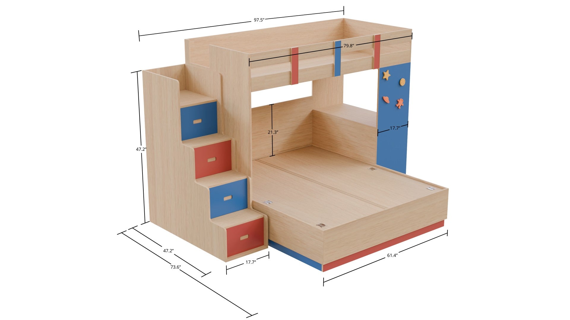 Adona Exotica XL Size Bunk Bed with Queen Box-Storage Bed, Step Drawers ...