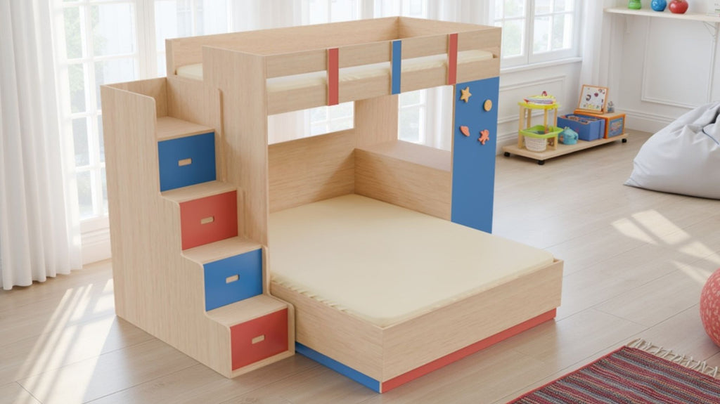 Adona Exotica XL Size Bunk Bed with Queen Box-Storage Bed, Step Drawers, Study Desk & Space-Themed Decals – Maple Finish