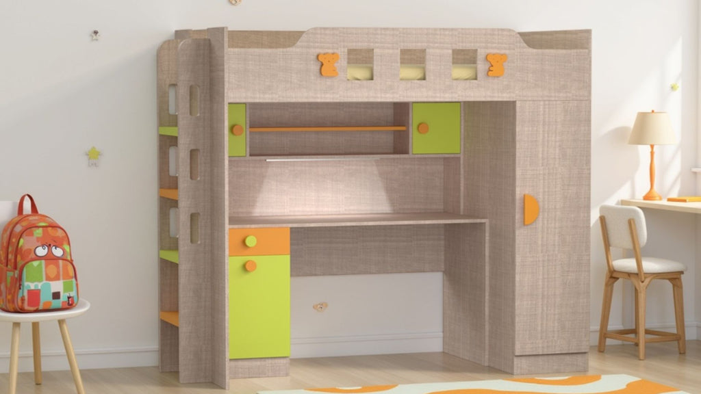 Adona Novara Loft Bed with Study Desk w/ Light, Bookshelf, Right Double Door Wardrobe, Left Ladder and Cute Koala Decals (Bronze Cambric Finish)