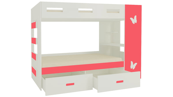 Adona Rio Butterfly Bunk Bed Left Ladder with Built-In Study Desk, Drawers, Shelves and Top Storage