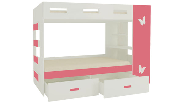 Adona Rio Butterfly Bunk Bed Left Ladder with Built-In Study Desk, Drawers, Shelves and Top Storage