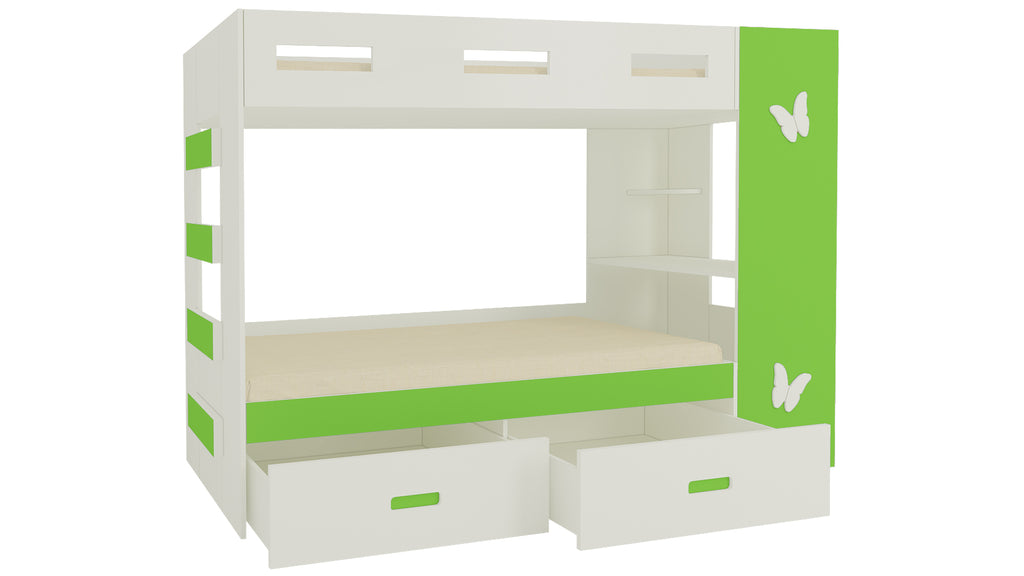Adona Rio Butterfly Bunk Bed Left Ladder with Built-In Study Desk, Drawers, Shelves and Top Storage