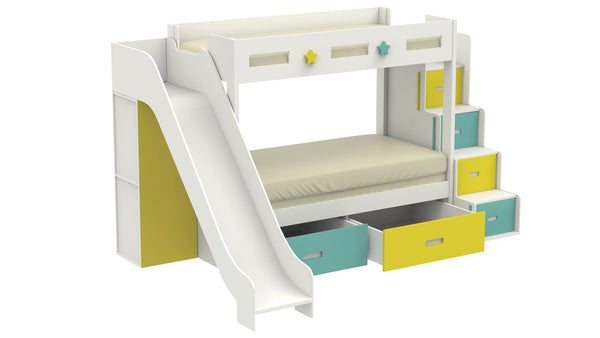 Adona Royale Twin Bunk Bed with Slide, Storage Steps, Drawers & Convertible Pullout King Bed