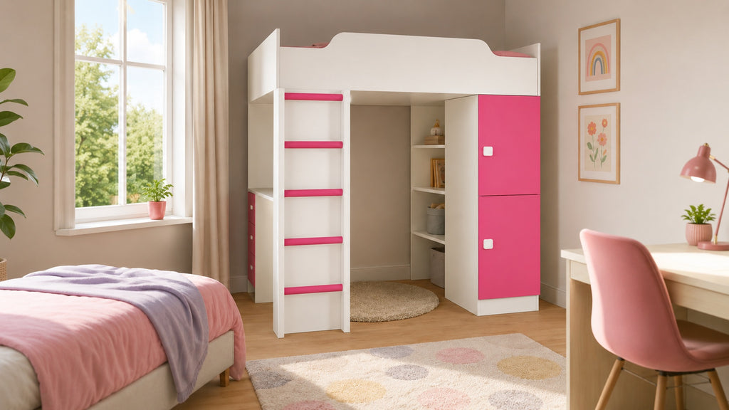 Adona Siona pink and white kids loft bed with built-in desk, wardrobe, shelves, drawers and easy-grip wooden ladder