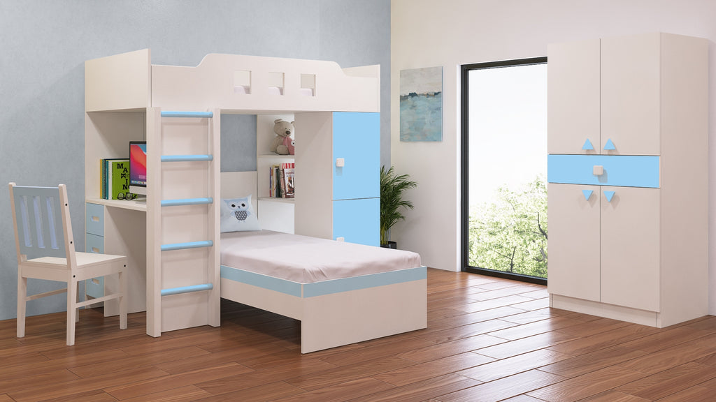 Adona Siona Twin-cum-Loft Bunk Bed with Wardrobe, Study Desk, Open Shelves and Wooden Ladder