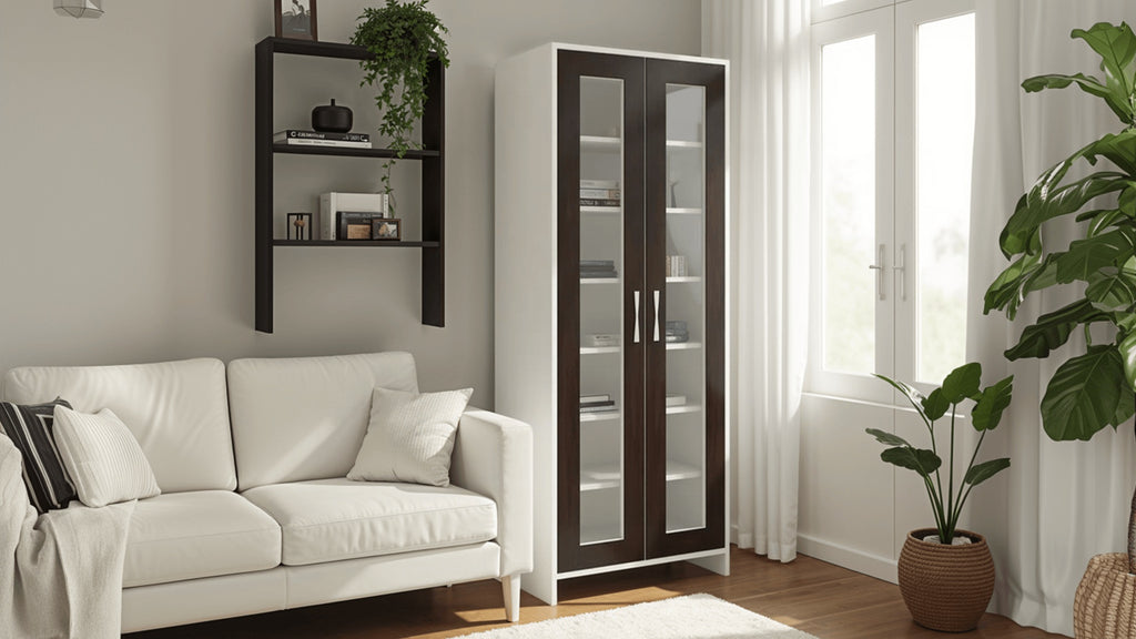 Adona Atlanta Tall Crockery-Cum-Bookshelf Cabinet with Toughened Glass Shutters
