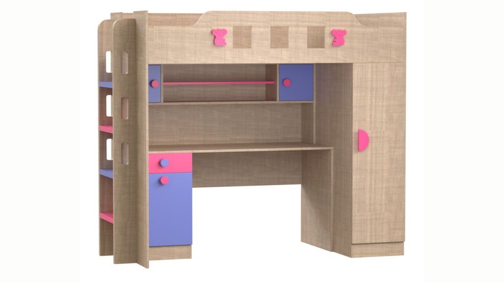 Adona Novara Loft Bed with Study Desk w/ Light, Bookshelf, Right Double Door Wardrobe, Left Ladder and Cute Koala Decals (Bronze Cambric Finish)