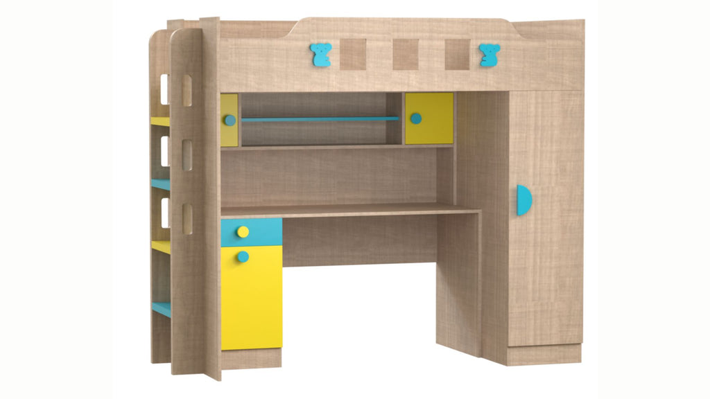 Adona Novara Loft Bed with Study Desk w/ Light, Bookshelf, Right Double Door Wardrobe, Left Ladder and Cute Koala Decals (Bronze Cambric Finish)