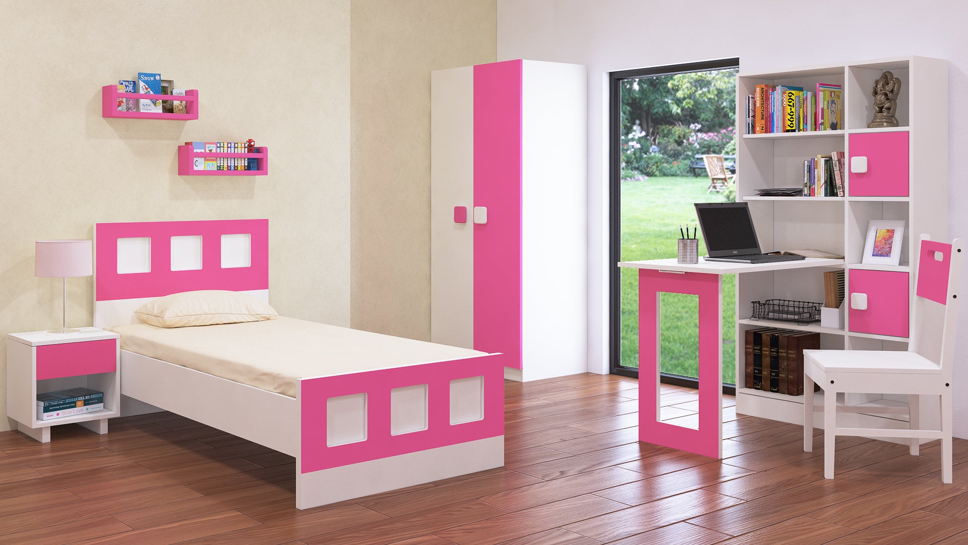 Adona Aura Kids Room Furniture Set with Bed, Bedside Table, Wardrobe, Folding Desk-cum-Bookshelf, Floating Wall Shelves and Teak Wood Chair