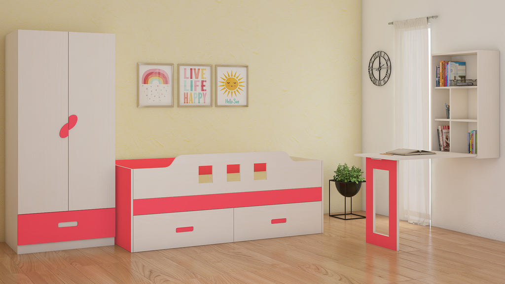 Adona Calypso Kids Room Furniture Set of Bed w/Retainer and Drawers, 2-Door Wardrobe and Folding Desk