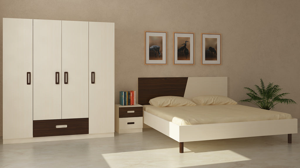 Adona Fiona Light Wood-grain Finish Bedroom Set w/King Bed, Bedside Table and 4-Door Wardrobe