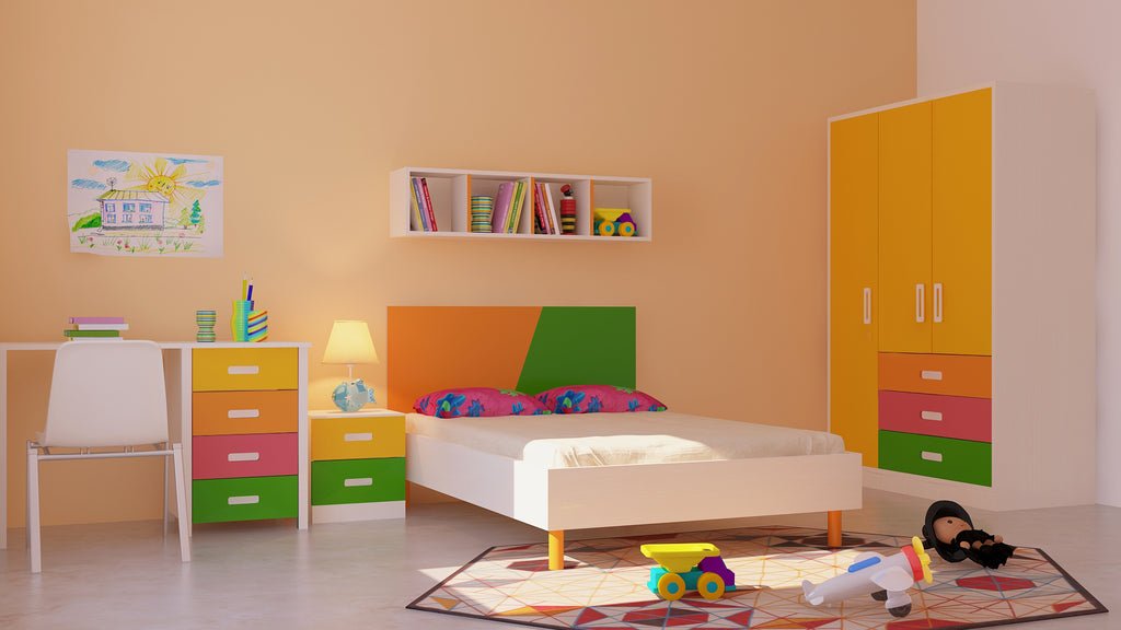 Adona Fiona Kids Room Furniture Set w/Double Bed, Bedside, 3-Door Wardrobe, Desk and Wall Shelf