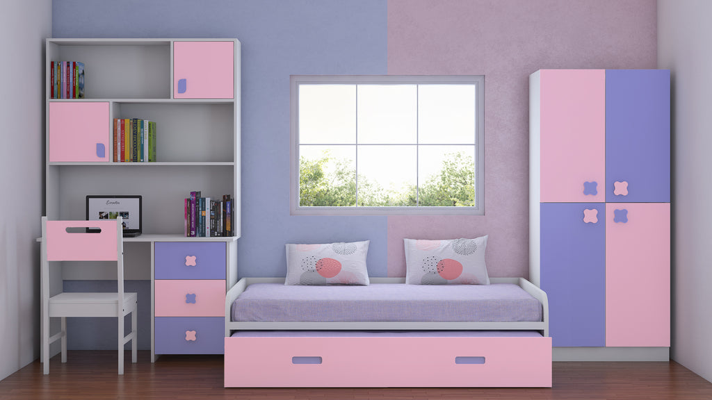 Adona Flora Kids Room Furniture Set w/Trundle Bed, 2-Door Wardrobe, Desk-cum-Bookshelf and Study Chair