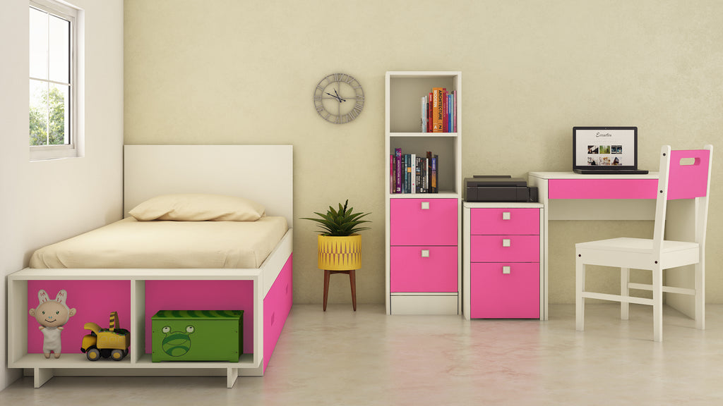 Adona Minerva Kids Room Set of Single Bed with Footboard Storage Cabinet and Right Drawers, Bookshelf, Desk-cum-Printer Table and Solid Wood Chair