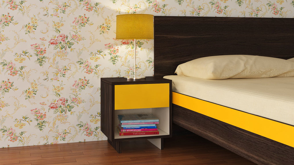 Adona Adonica Fusion Bedside Table w/Drawer in Plywood Spanish Chestnut - Mango Yellow