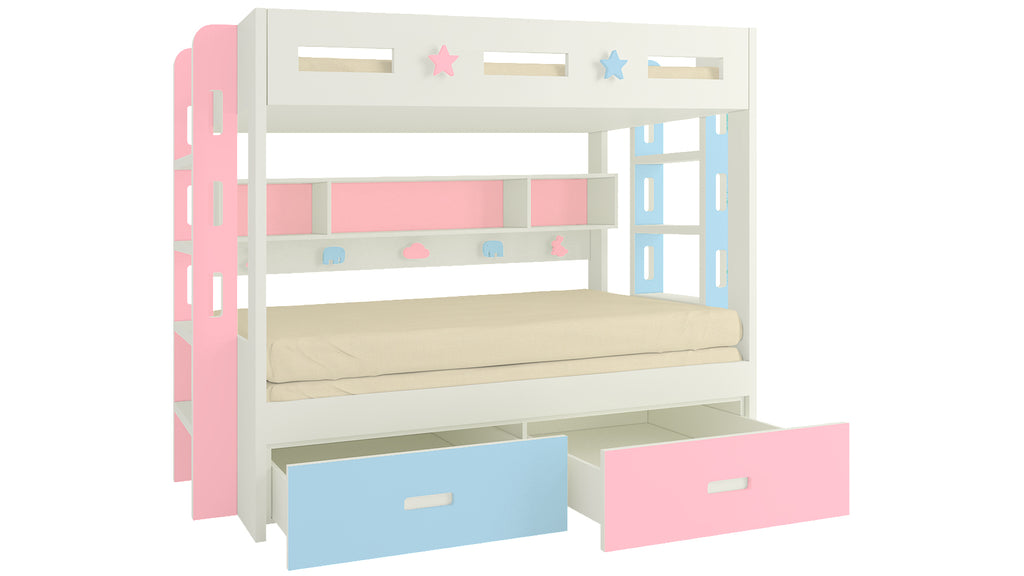 Adona Astra Bunk Bed with Convertible King Size Trundle, Drawers, Shelves, Both Side Ladder and Animal Decals