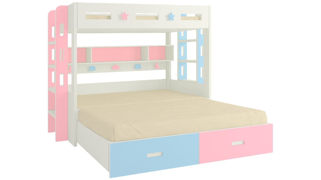 Adona Astra Bunk Bed with Convertible King Size Trundle, Drawers, Shelves, Both Side Ladder and Animal Decals
