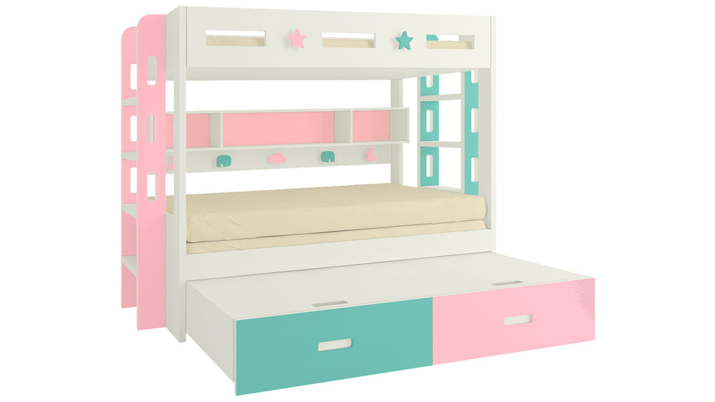 Adona Astra Bunk Bed with Convertible King Size Trundle, Drawers, Shelves, Both Side Ladder and Animal Decals