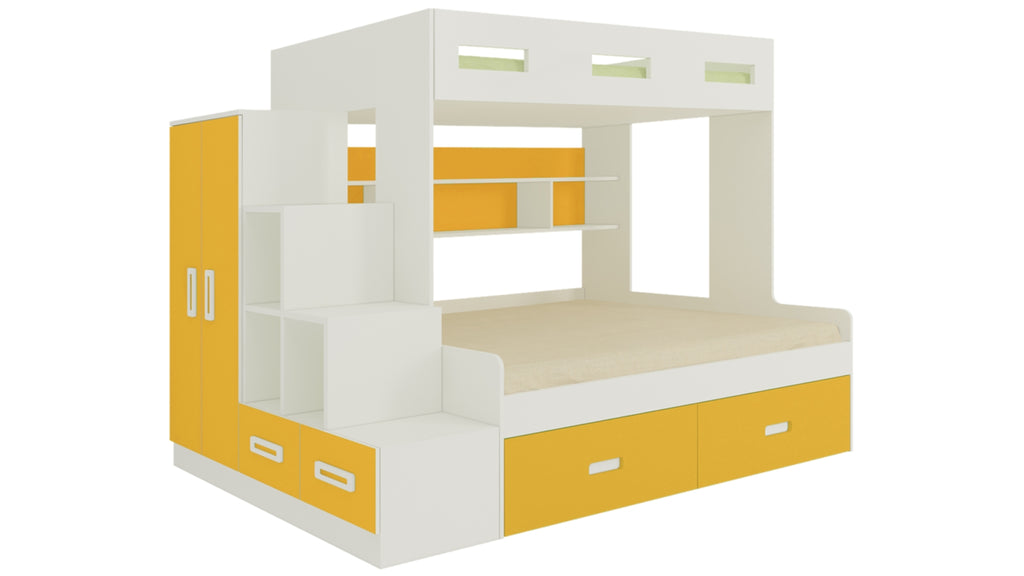 Adona Austin Twin Bunk Bed with 4 Ft Lower Bed, Left Storage Steps, Wardrobe, Shelves and Drawers