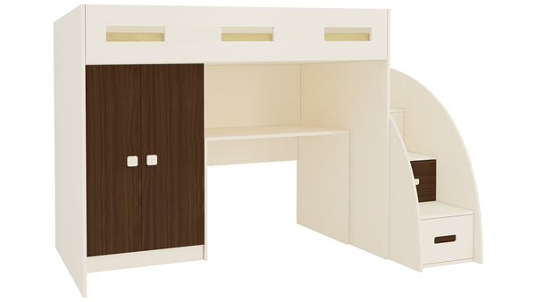 Adona Bonita Light Wood Loft Bunkbed w/Storage Steps, Study Desk And Wardrobe w/Square Handles
