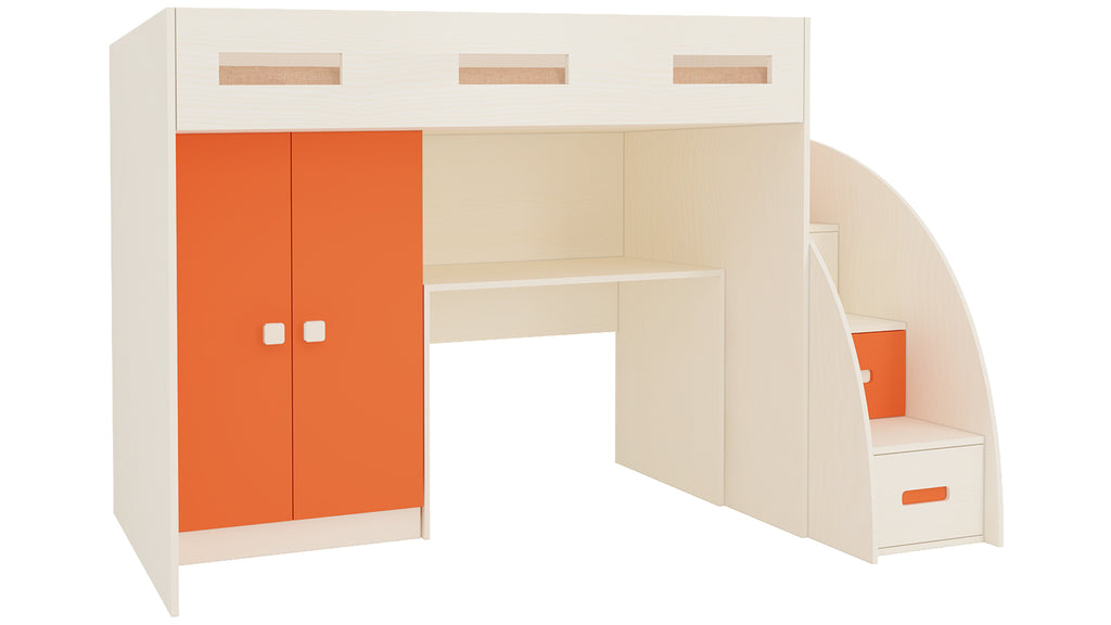 Adona Bonita Light Wood Loft Bunkbed w/Storage Steps, Study Desk And Wardrobe w/Square Handles