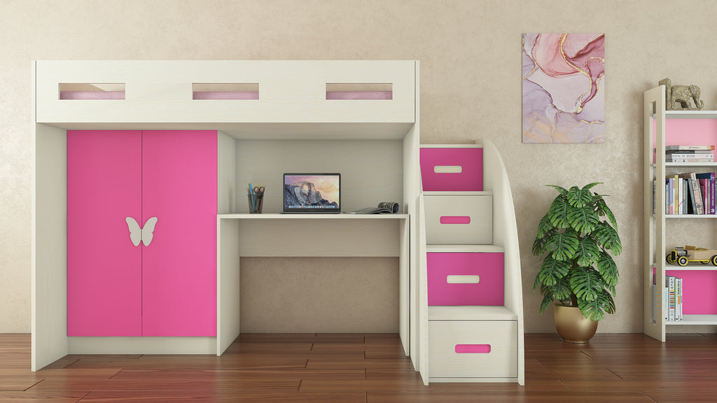 Adona Bonita Light Wood Loft Bunkbed w/Storage Steps, Study Desk