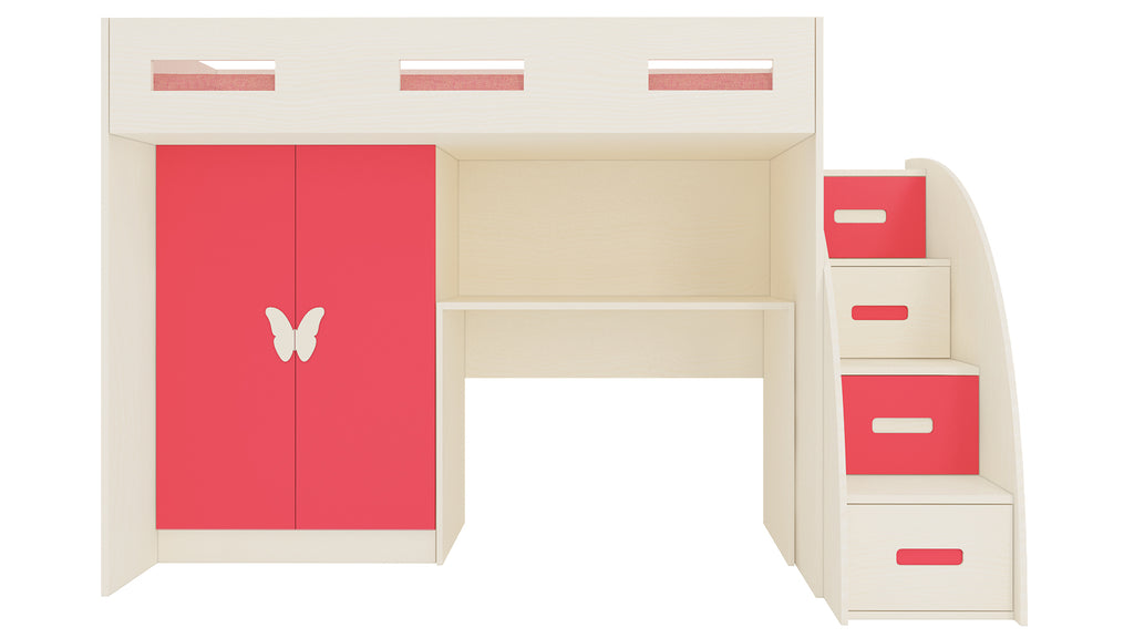 Adona Bonita Light Wood Loft Bunkbed w/Storage Steps, Study Desk And Wardrobe w/Butterfly Handle