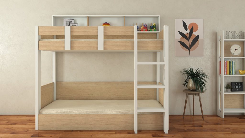 Adona Carina Twin Bunk Bed with Front Right Ladder and Open Shelves