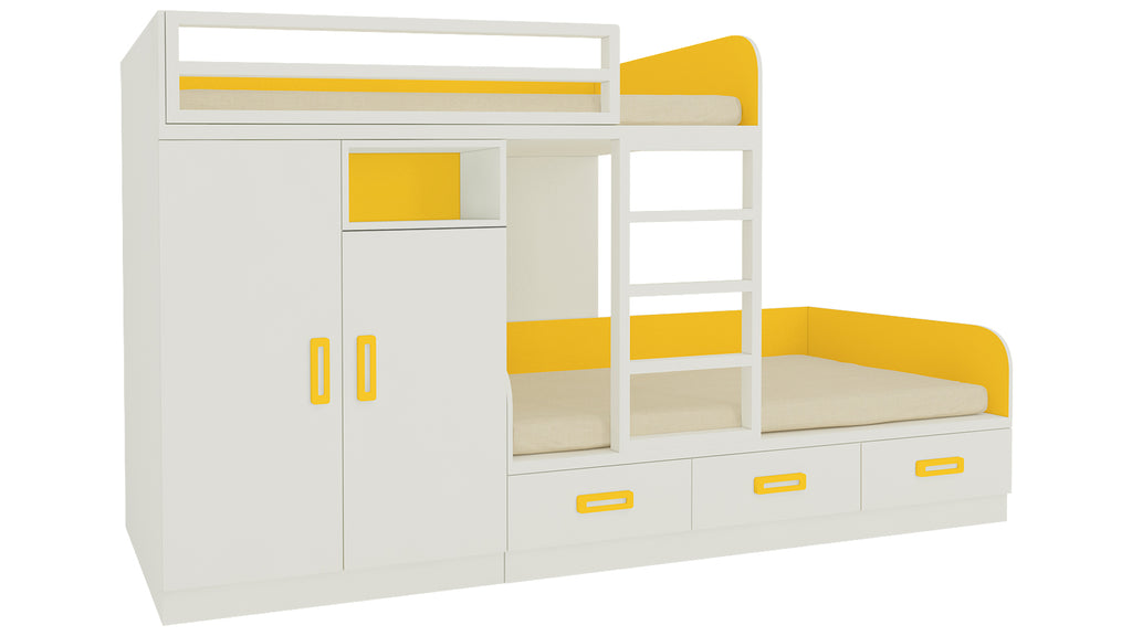 Adona Eskada Twin Bunk Bed with Left Wardrobe, Drawers, Open Shelves and Wooden Ladder