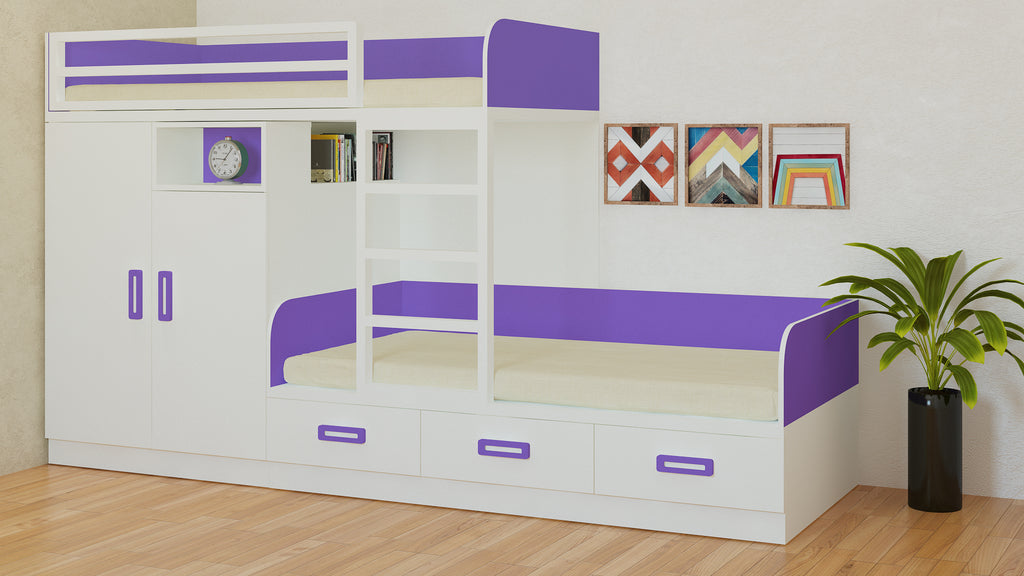 Adona Eskada Twin Bunk Bed with Left Wardrobe, Drawers, Open Shelves and Wooden Ladder